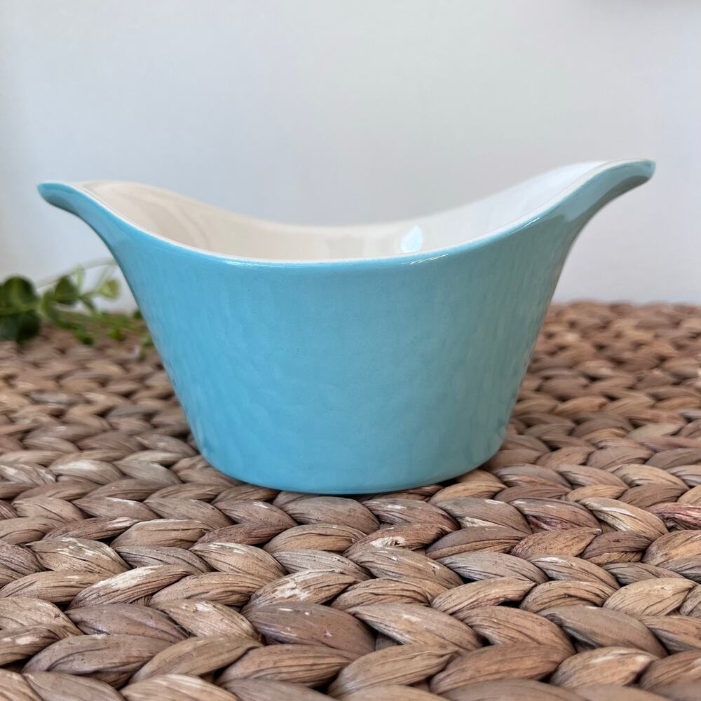 Vintage MCM Sauce Gravy Boat Dish Turquoise Blue Exterior White Interior 6.5"